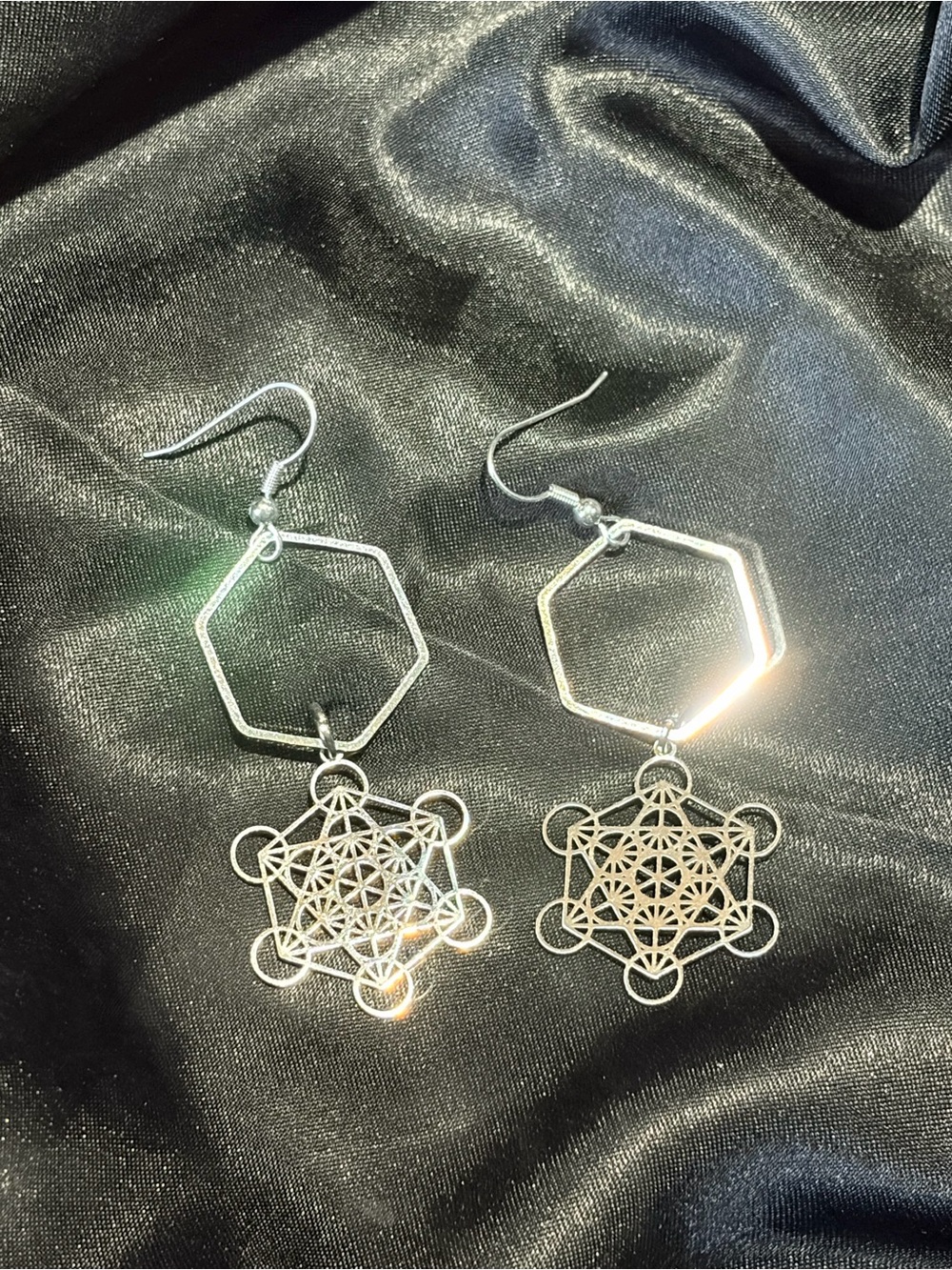 Silver METATRON Hexagon Drop Earrings with Sacred Geometry Charm